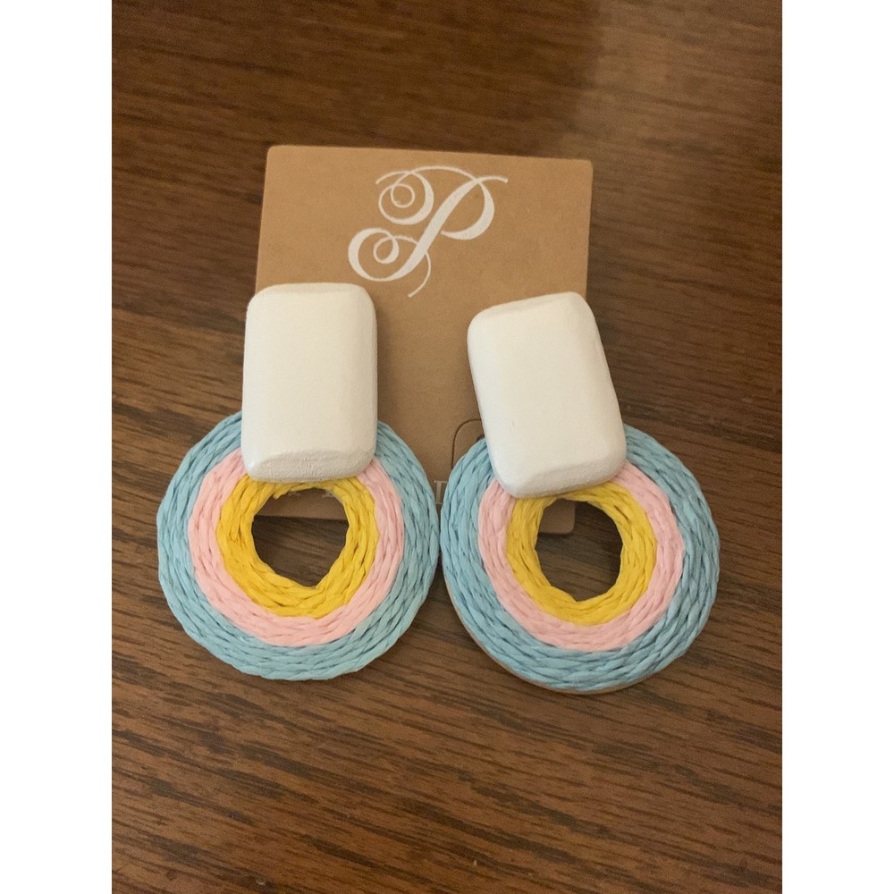 Plunder Design Tilly Earring Multi Color Woven Raffia Hoop Drop - Picture 2 of 3